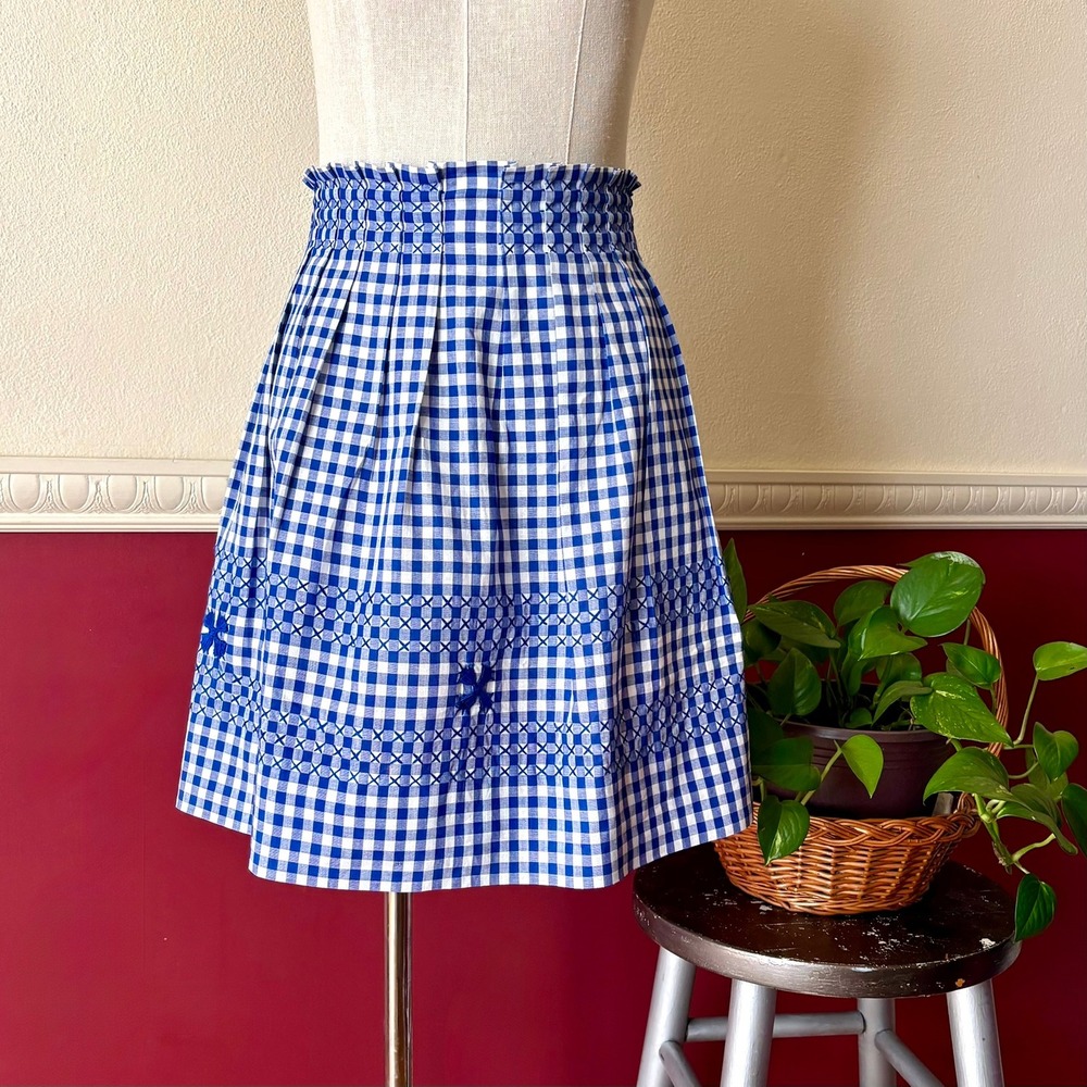 Vintage Blue Gingham Chicken Scratch Embroidered Half Apron Tie Handmade Retro